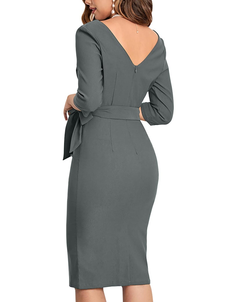 MUXXN Women's 50s Fashion 3/4 Sleeves Tie Waist Bowknot Formal Office Dress (Gray S) - Image 2